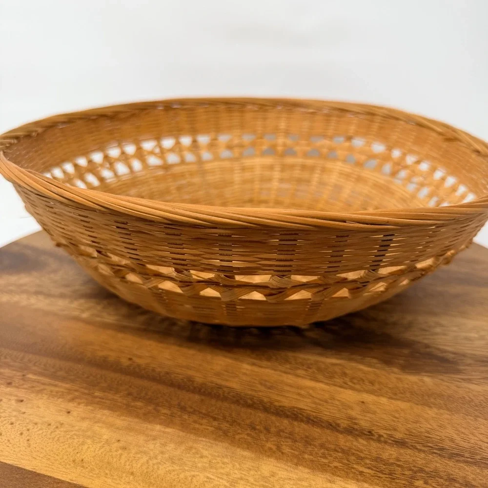 Vintage Woven Bamboo Round Basket Bowl Boho Decor 12 Inch